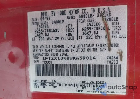 1998 Ford F-150 Lariat/Standard/Xl/Xlt z USA, uszkodzony, nr VIN 1FTZX18W8WKA39014